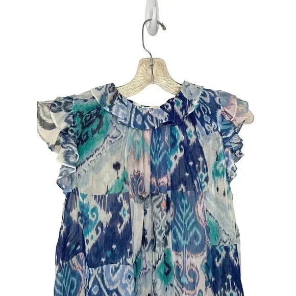 Zimmermann Glassy Ruffle Tank Blue Ikat Patch Size 1 US 6 Medium Cotton Silk - Picture 2 of 6